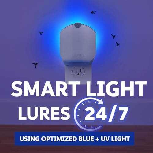Zevo Compact Flying Insect Trap Kit with Refill Cartridges - Plug-in Indoor Bug Catcher for Gnats, House & Fruit Flies - Blue + UV Light Technology, No Odor, No Mess (1 Plug-in Device + 3 Cartridges) — view 2