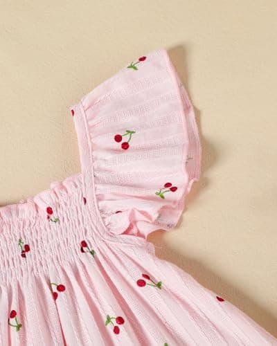 FAMIHAO Sister Matching Outfits Baby Girl Summer Clothes Cute Ruffle Tops Dress Shorts Set Infant Bloomers Princess Outfit,Cherry&Pink 6-12M — view 3