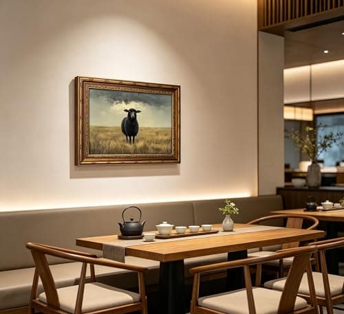 Vintage Gold Framed Moody Black Sheep Wall Art Countryside Landscape Painting Canvas Dark Academia Animal Picture Wall Decor Farmhouse Cottage Print Artwork For Living Room Bedroom Home Decoration — view 2