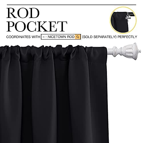 NICETOWN Black Blackout Kitchen Curtains 45 Inches Long 2 Panels for Small Window Covering, Thermal Insulating Room Darkening Light Out Curtain Drapes for Living Room/Bedroom (Black, 42 W × 45 L) — view 2