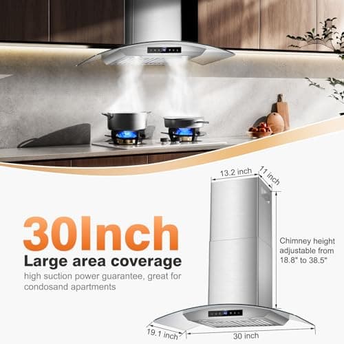 TAZPI 30 Inch Wall Mount Range Hood 1200 CFM, 4-Speed Wall Mount Range Hood with Touch Control & Gesture Sensing Stainless Steel Kitchen Stove Vent Hoods with 2 LED Lights Pro Series — view 5