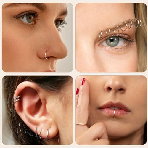 Afftiny Nose Rings Hoops Septum, Surgical Steel Seamless Clicker for Tragus Helix Conch Daith, Hypoallergenic, 20G/18G/16G, 6-12mm, Gold, Silver, Black, Rainbow, Rose Gold (Silver, 2pcs-20G-12mm) — view 4