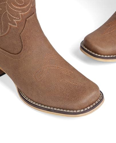 Pasuot Western Cowboy Boots for Women - Brown Square Toe Mid Calf Cowgirl Boots, Low Chunky Heel Country Boot with Classic Retro Embroidery Pull On for Ladies Rodeo Festival Concert US 8 — view 4