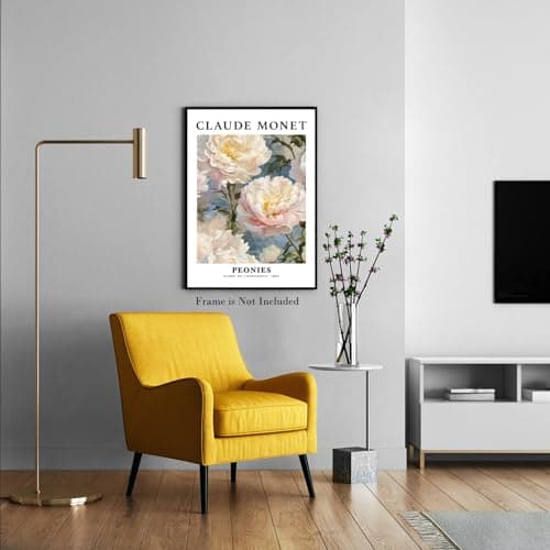 Vintage Peonies Wall Art Print Floral Canvas Poster White Pink Peony Flower Claude Monet Oil Painting Style Picture for Bedroom Wall Decor Elegant Art (Creamy Peonies,Framed,16x24inch(40x60cm)) — view 6