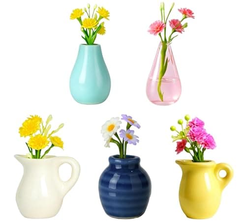 Renmxj 5 Pcs Cute Mini Ceramic Vase Fridge Magnets with Artificial Flowers
