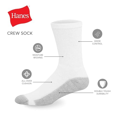 Hanes Mens Double Tough Socks, 12-pair Pack Crew Socks, White/Grey Foot Bottom, 6-12 — view 2