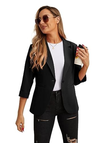 GRECERELLE Blazers for Women Lightweight Suit Jackets 3/4 Sleeve Casual Work Office Blazer Jacket with Pockets Black-6