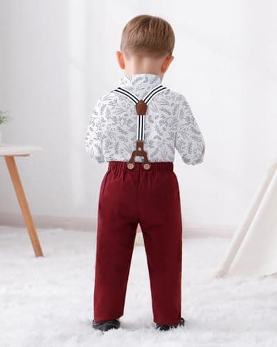 SOLOYEE Toddler Baby Boy Clothes Suit 18-24 Months Boys Wedding Formal Outfit, Dress Shirt+Bowtie+Suspender Pants Gentleman Outfits (Red, 18-24 Months) — view 2