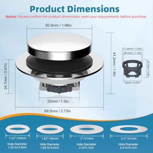 Hibbent 3 in 1 Metal Bathtub Drain Stopper, Universal Pop Up Tub Stopper, Bathtub Drain Hair Catcher, Removable Filter Basket, Anti-Clogging Drain Plug for 1.5''~2.4'' Drain, Brass Bullet Core, Chrome — view 2