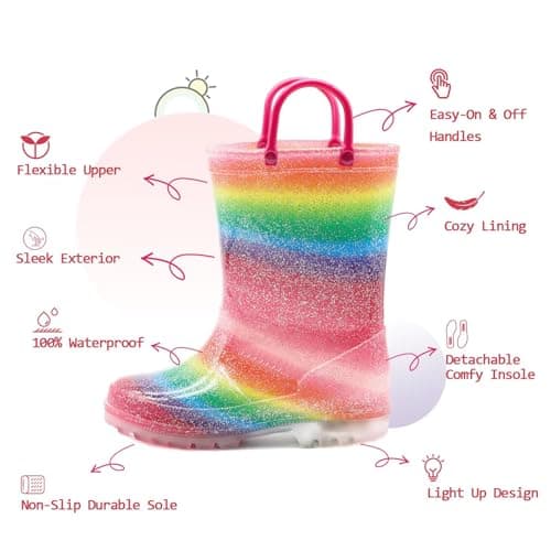 EUXTERPA Kids Toddler Light Up Rain Boots Girls Waterproof Patterns and Glitter Boots with Easy On Handles, Rainbow, Toddler Size 9 — view 2