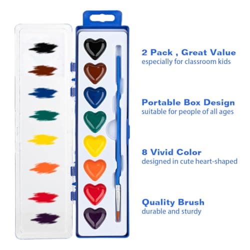 ARTLYMERS 2 Pack Water Color Paint Sets for Kids, 8 Colors Heart Watercolor Paint Set with Paintbrush Washable, Valentines Gifts Art Supplies for Preschool Classroom Party Favor Prizes Exchange — view 3