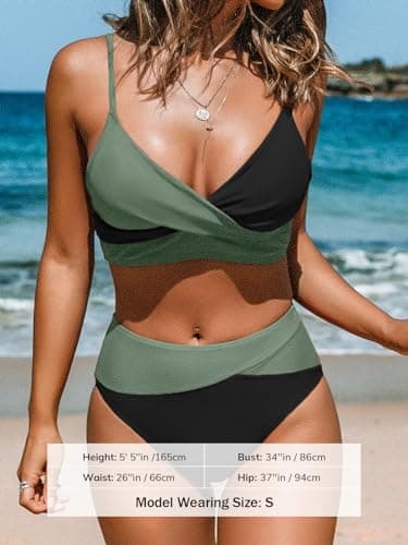 CUPSHE Women's Bikini Sets Two Piece Swimsuit High Waisted V Neck Twist Front Adjustable Spaghetti Straps Bathing Suit, Black/Green, Large — view 3