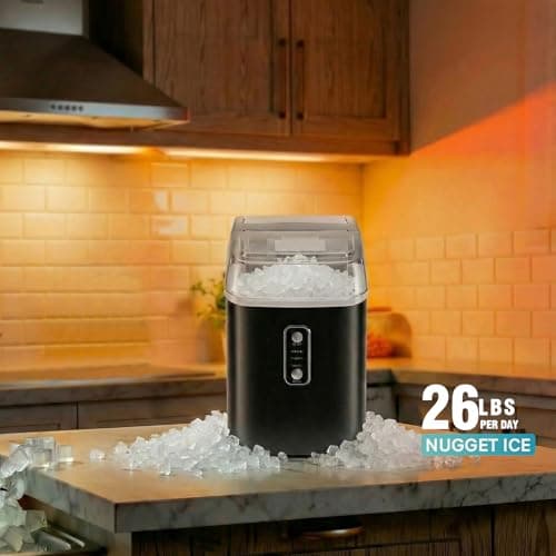 KMFurnila Nugget Ice Maker Countertop, Portable Ice Makers Machine with Removable Basket and Scoop, Self-Cleaning, Quiet, 6-Min Ready, 24lbs in 24Hrs, Visible, for Home, Party, RV, Camping, Black — view 2