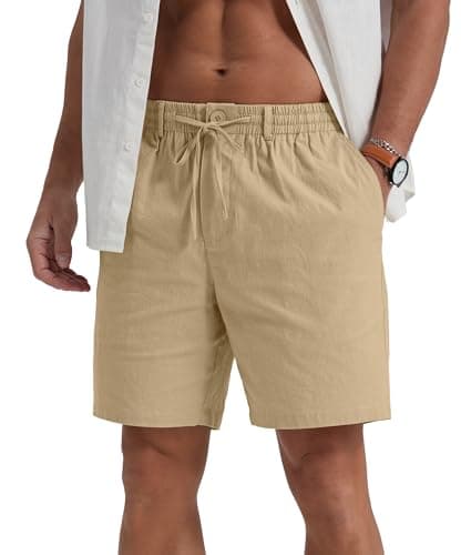 Sailwind Men's Linen Casual Shorts Drawstring Elastic Waist Summer Beach Shorts with Pockets Khaki — view 3