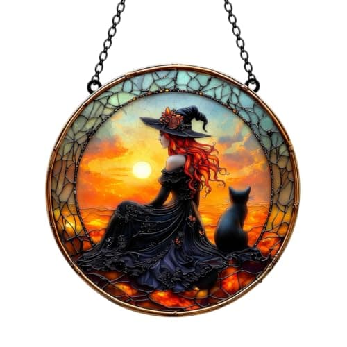 TREBIN Halloween Acrylic Jigsaw Puzzle Suncatcher, Stained Glass Window Hanging DIY Puzzle Sun Catcher 83 Pieces, Gothic Halloween Decoration Thanksgiving Home Decor (Red Sunset Hair Witch & Cat) — view 5