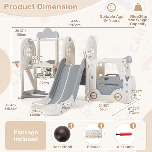 OLAKIDS Toddler Slide and Swing Set, 5 in 1 Bus Themed Baby Slide with Climber Basketball Hoop Car Playhouse for Indoor Outdoor Boys Girls Aged 3+ (Grey) — view 6