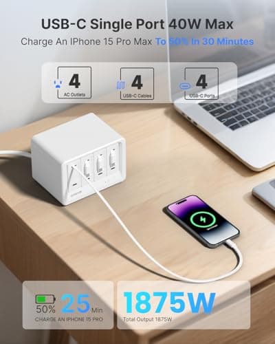 Gitryin 12-in-1 Desktop Charging Station with 4 Retractable Wall Chargers, 40W USB-C Power Strip with 4 AC, 4 USB C, 4 Type-C 33.5in Cables, Extension Cord with 1020J Surge Protection for Home Office — view 4