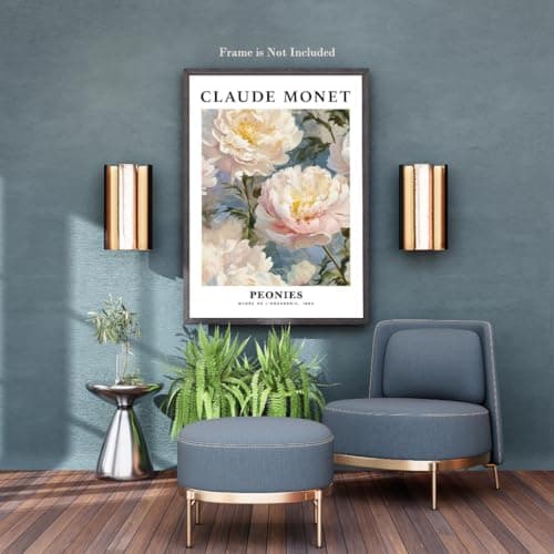 Vintage Peonies Wall Art Print Floral Canvas Poster White Pink Peony Flower Claude Monet Oil Painting Style Picture for Bedroom Wall Decor Elegant Art (Creamy Peonies,Framed,16x24inch(40x60cm)) — view 4