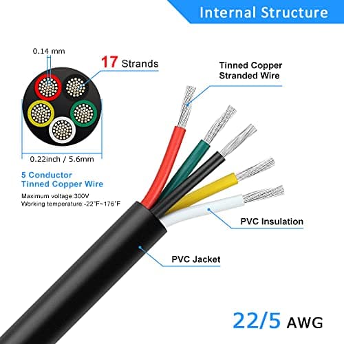 DEKIEVALE 22 Gauge 5 Conductor Electrical Wire, 16.4FT 22AWG Black PVC Stranded Tinned Copper 5 Wire Cable, 22/5 Extension Cable for LED Lamp Lighting, Automotive, Speaker, Access Control, etc. — view 2