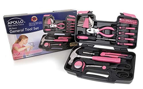 Apollo Tools Original 39 Piece General Household Tool Set in Toolbox Storage Case with Essential Hand Tools for Everyday Home Repairs, DIY and Crafts - Pink Ribbon - DT9706P