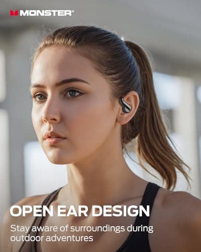Monster Open Ear AC390 Headphones, Bluetooth 6.0 Earbuds with Stereo Sound, Wireless Headphones 24H Playtime, IPX5 Waterproof, Rotating Charging Case with Lanyard, Ultra-Light Open Ear Earbuds Black