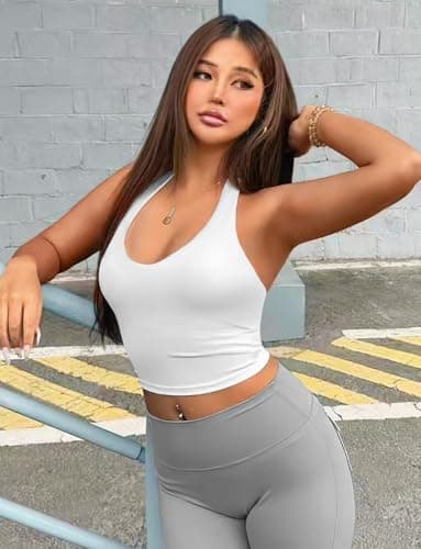 YEOREO Women's Halter Crop Top V Neck Workout Going Out Tank Top Hazel Padded Sleeveless Backless Trendy Summer Camisole White Small