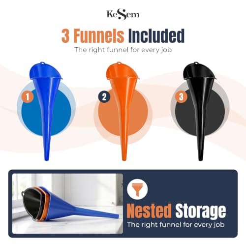 3pc Automotive Oil Funnel Set, Long Neck Plastic Funnels for Oil Change, Gas, Fuel, Diesel, Coolant & Transmission Fluid, Multi Purpose Car Funnel Kit for Auto Fluids or Kitchen Use — view 4