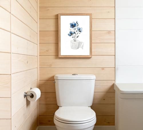 Framed bathroom Canvas Wall Art with blue flowers embellishing toilet paper Painting Picture Wall Decor elegant floral bathroom Poster Print Artwork forliving room bedroom restroom Home Decoration — view 5