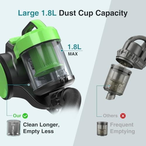 OLIXIS Canister Vacuum Cleaner for Home, Lightweight Portable Vacuum Cleaners with Automatic Retractable Cord, Bagless Canister with Washable HEPA Filter for Hardwood Floor & Carpet, Green — view 4