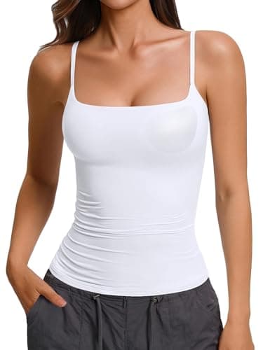 Avidlove Tank Tops for Women Built in Bra Backless Basic Double Lined Summer Spaghetti Strap Sleeveless Cami Workout Shirts White