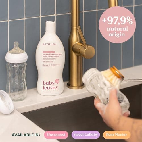 ATTITUDE Baby Bottle & Dish Soap, EWG Verified Bottle Cleaner, Dye Free, Removes Milk Residue & Grease, Vegan, Pear Nectar, 700 mL