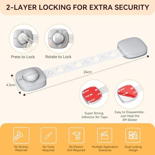 2 Pack Cabinet Locks/Refrigerator Locks Baby Proofing - Child Proof Locks for Drawer, Refrigerator, Fridge, Toilet Seat-No Screws or Tools Required (2 Pack-Grey Locks) — view 5