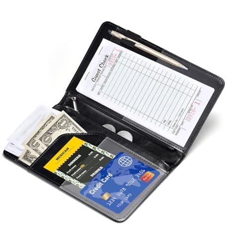 HerriaT Server Books for Waitress - Leather Waiter Book Server Wallet with Zipper Pocket, Cute Waitress Book&Waitstaff Organizer with Money Pocket Fit Server Apron（Classic Black） — view 3
