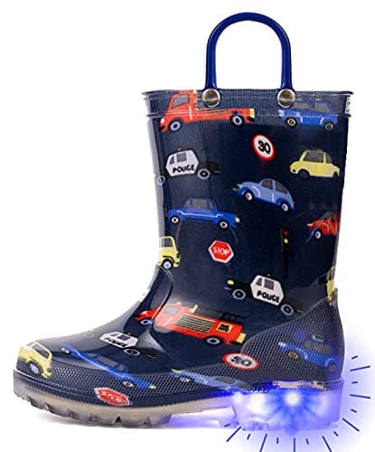 OUTEE Toddler Boys Rain Boots Little Kids Baby Light Up Printed Waterproof Mud Shoes Blue Police Firefighters Lightweight Rubber Adorable with Easy-On Handles Non Slip (Size 1,BLue)