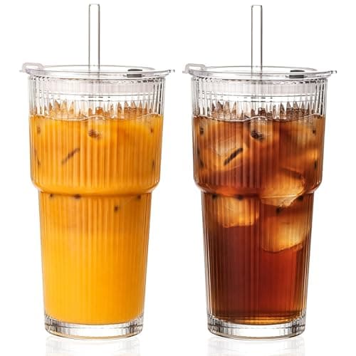 GOSCHE 20oz Glass Cups with Lids and Straws, Clear Iced Coffee Cups Vintage Drinking Set, Glass Tumbler with Straw and Lid for Latte Water Tea, Clear, 2 Pack