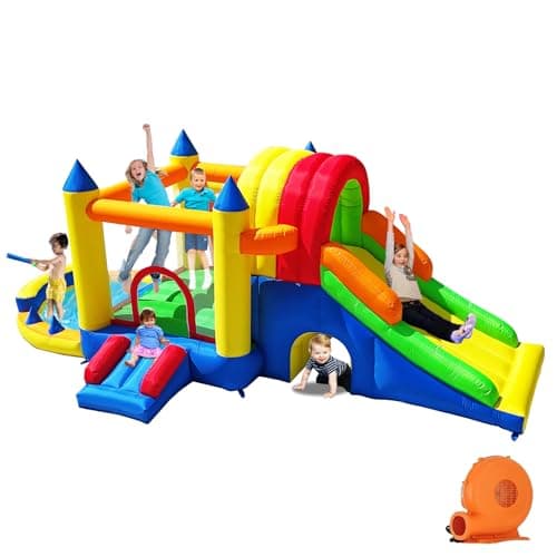 Hongcoral 8 in 1 Bounce House for Kids with Long & Wide Slide, Large Climbing Wall and Ball Pit (Water Pool) - Backyard Inflatable Playground - Extra Small Slide, Tunnel Adventure and Soccer Goal