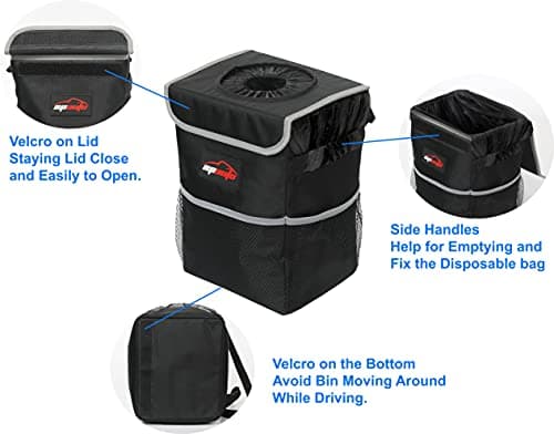 EPAuto Waterproof Car Trash Can with Lid and Storage Pockets, Black — view 4