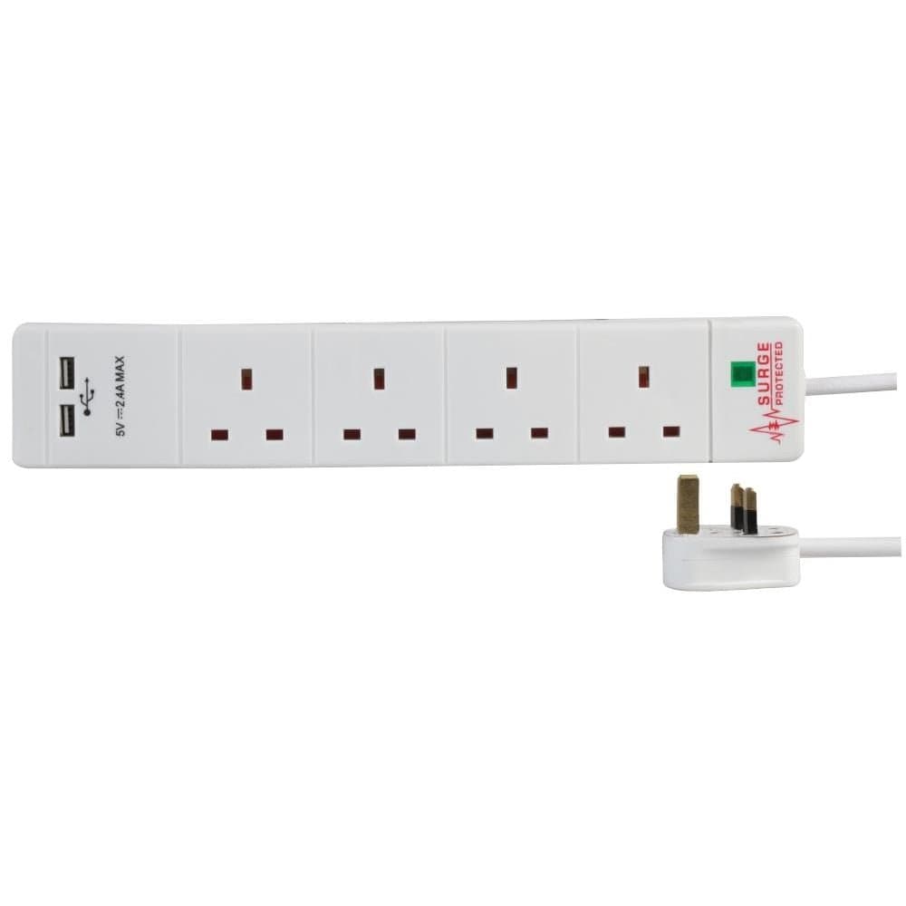 Surge Protected Extension Trailing Lead - Black/White Multi Plug USB Power Cable 2m 6 Gang Switched 2 USB Surge, White — view 8