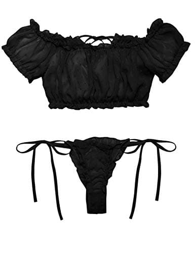 Avidlove 2Pcs Cute & Sexy Chiffon Lingerie Set Polka Dot Transparent Bra and Thongs Set Black