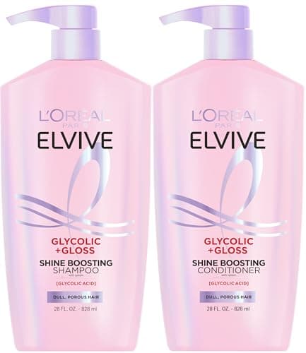 L'Oreal Paris Elvive Glycolic + Gloss Shine Boosting Shampoo and Conditioner Set, Cleanses and Smooths Dull, Porous Hair Into High-Shine, Glossy Hair, 56 Fl Oz Set