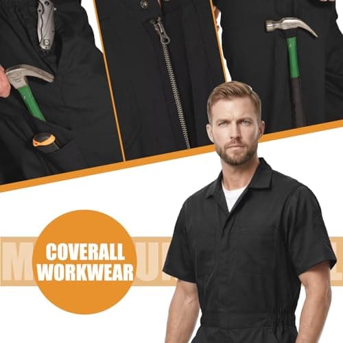 Coveralls for Men Short Sleeve, Cotton Blend Zipper Mechanic Jumpsuit Work with Multi Pockets Utilityl Uniform Fit — view 2