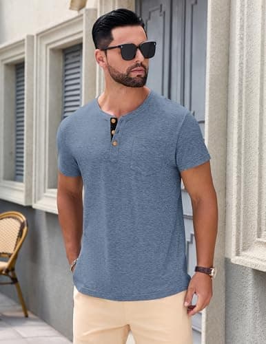 TARAINYA Men's Henley Shirts Cotton Button Short Sleeve Casual T-Shirts Homme with Pocket Grey Blue L — view 2