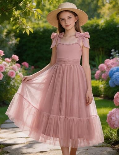 Arshiner Girls Dresses Summer Sleeveless Bow-Tie Straps Birthday Party Long Tulle Dress Pink Kids 7-8 Years — view 5