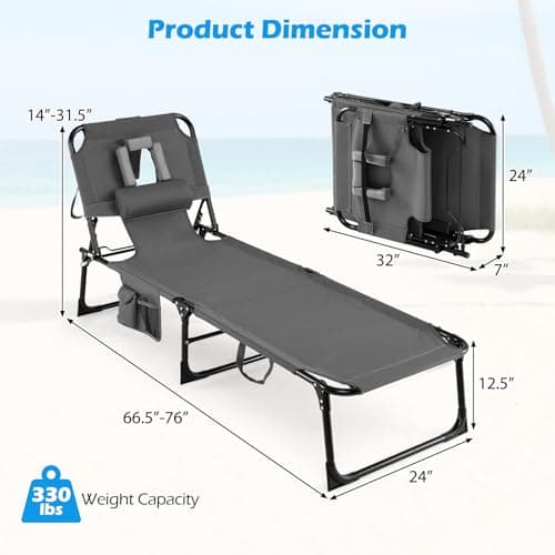 GYMAX Tanning Chair with Face Hole, Sun Bathing Lounge Chairs for Outside with Side Pocket, Folding Portable Face Down Layout Tanning Chair Beach, Backyard, Poolside, Lawn (1, Grey) — view 2