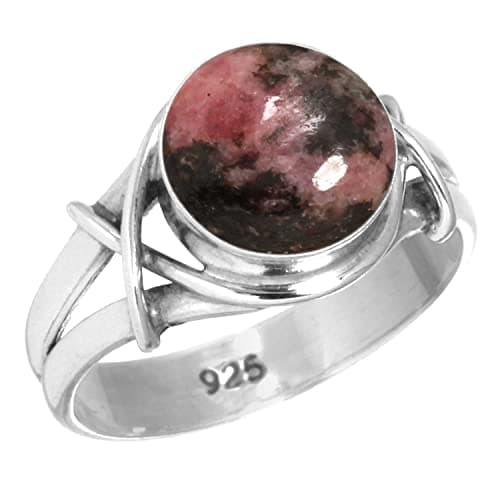 JEWELOPORIUM Pink Rhodonite Silver Ring Size 6.5, 925 Sterling Silver Ring for Women, Genuine Round Gemstone Handmade Jewelry