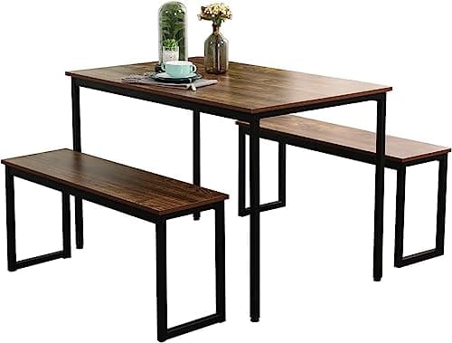 SDHYL Dining Table Set, Kitchen Table with 2 Benches, Space Saving Kitchen Dining Table Set for Living Room, Kitchen Room, Dining Room, Restaurant, Rustic Brown, 44.9 Inches