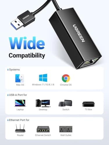 UGREEN USB 3.0 to Ethernet Adapter, RJ45 Gigabit Ethernet LAN Network Adapter 10 100 1000Mbps for Laptop, Switch, MacBook Pro, Air, Mac OS, Windows, Linux, Chrome OS, Black — view 2