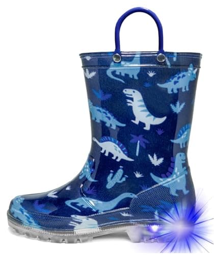 HugRain Toddler Boys Rain Boots Little Kids Baby child Light Up Waterproof Rubber Shoes Dinosaur Printed Mud Lightweight Adorable with Easy-On Handles Non Slip Sole Blue Size 8