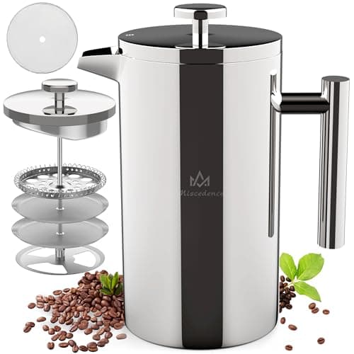 Miscedence French Press Coffee Maker, 4-Layer Filtration, Double Wall 304 Stainless Steel Coffee Press, Heat Resistant Rust-Proof, Multi-Use for Coffee Tea Espresso Home Office Travel