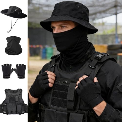 SANYETS Tactical Vest, Black Airsoft Plate Vest for Men,Army Molle Vest with Detachable Pouches and Cap,Gloves,Balaclava for Military Costume, Men's Tactical Airsoft Gear